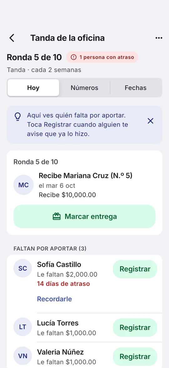 Pantalla de la app TandaPlus en una tanda de ejemplo: ronda 5 de 10, quién recibe en esta ronda y quién falta por aportar.
